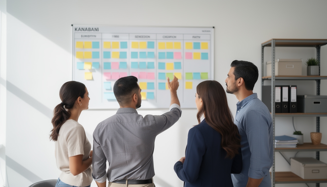 Equipo de proyecto colaborativo revisando tablero de trabajo