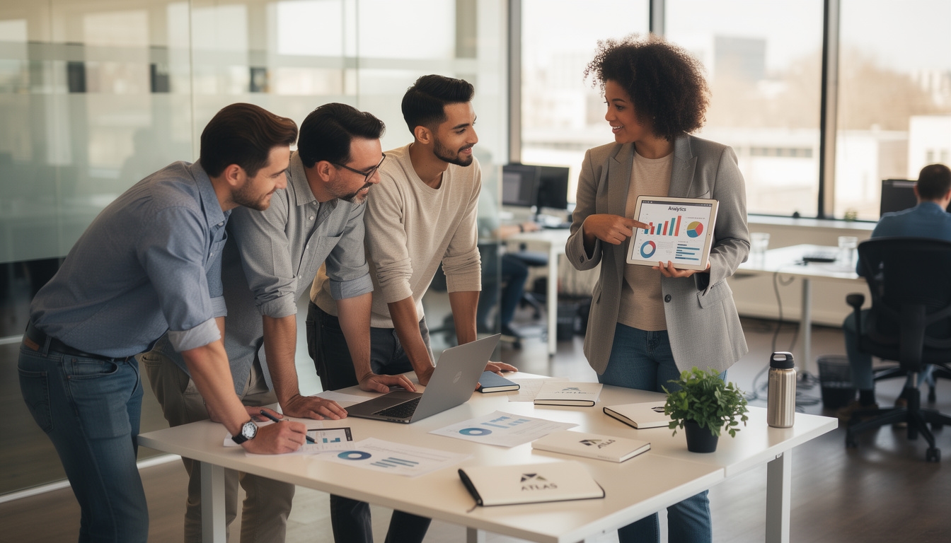 Equipo de startup en reunión de planificación estratégica