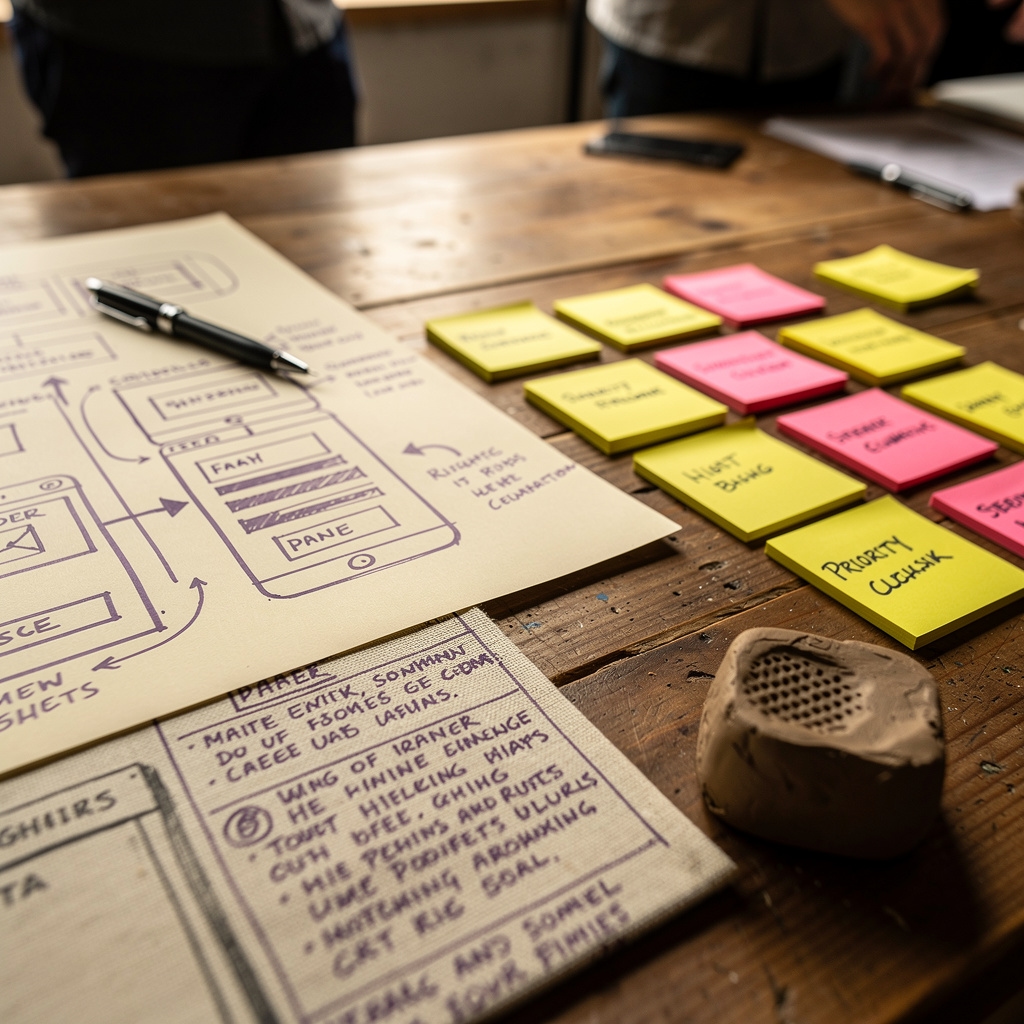 Proceso de prototipado rápido con post-its y esquemas en pared